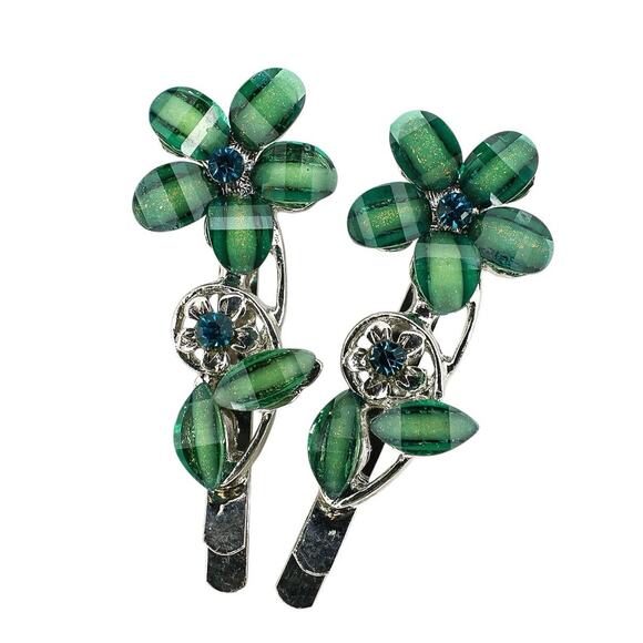 Whimsical Butterfly Floral Hair Accessories Set Blue Green Hair Sticks Claw Clip - Picture 8 of 12